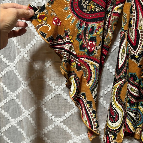 Sew in love mustard and paisley faux wrap top with tie and flutter sleeves - Picture 5 of 8